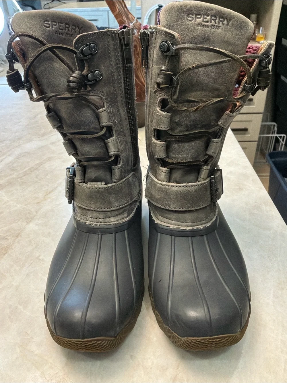 Sperry Gray Suede & Black Rubber Duck Boots with Burgundy Knit Cuff